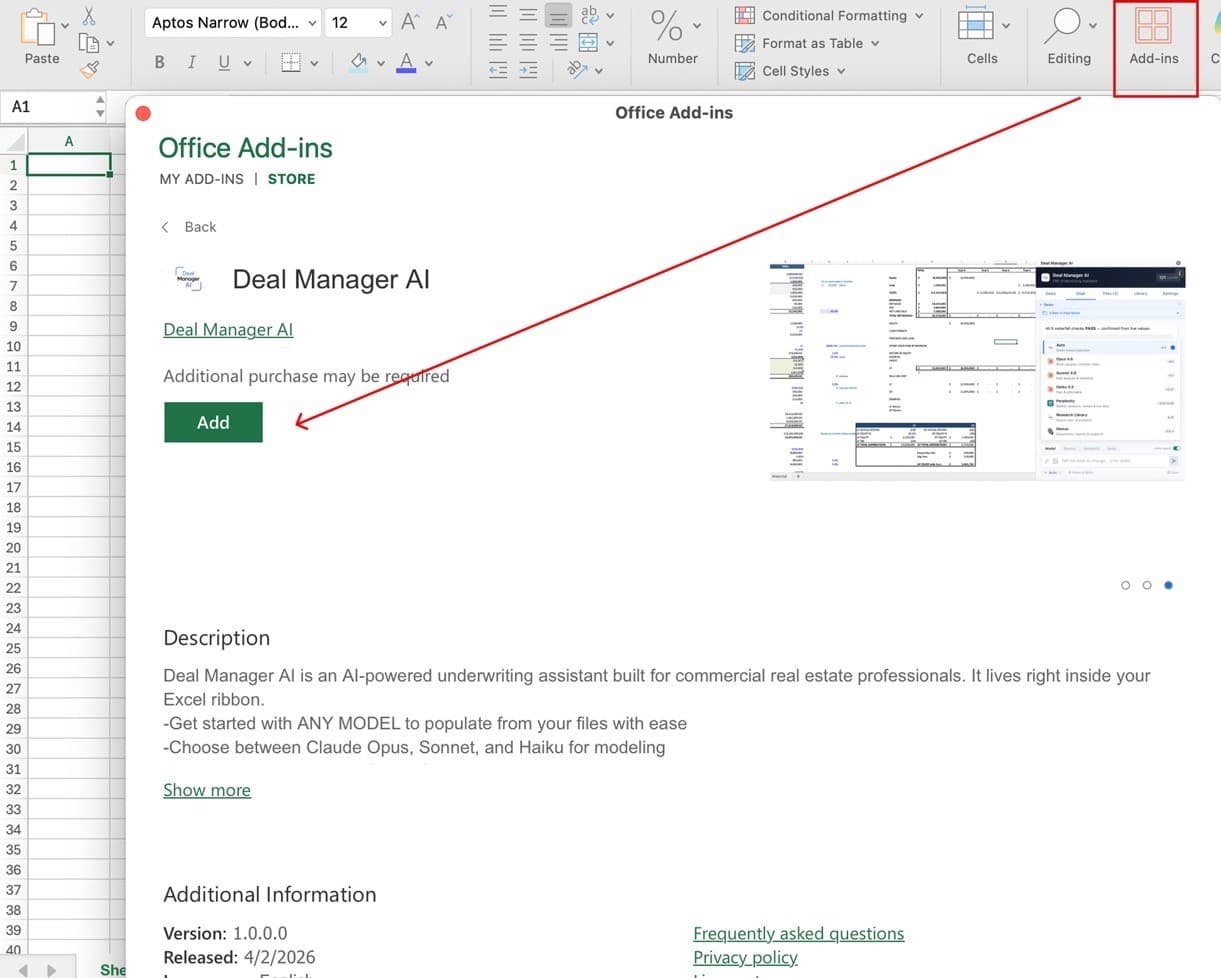 Install Deal Manager AI from Excel: click Add-ins in the ribbon (top right), then click the green Add button next to Deal Manager AI