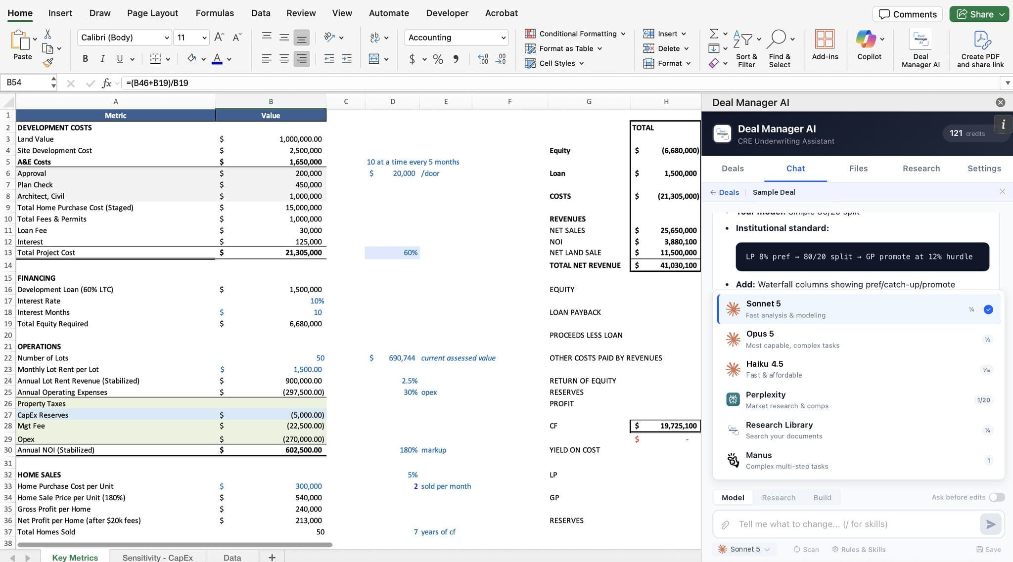 Excel underwriting model with Deal Manager AI add-in