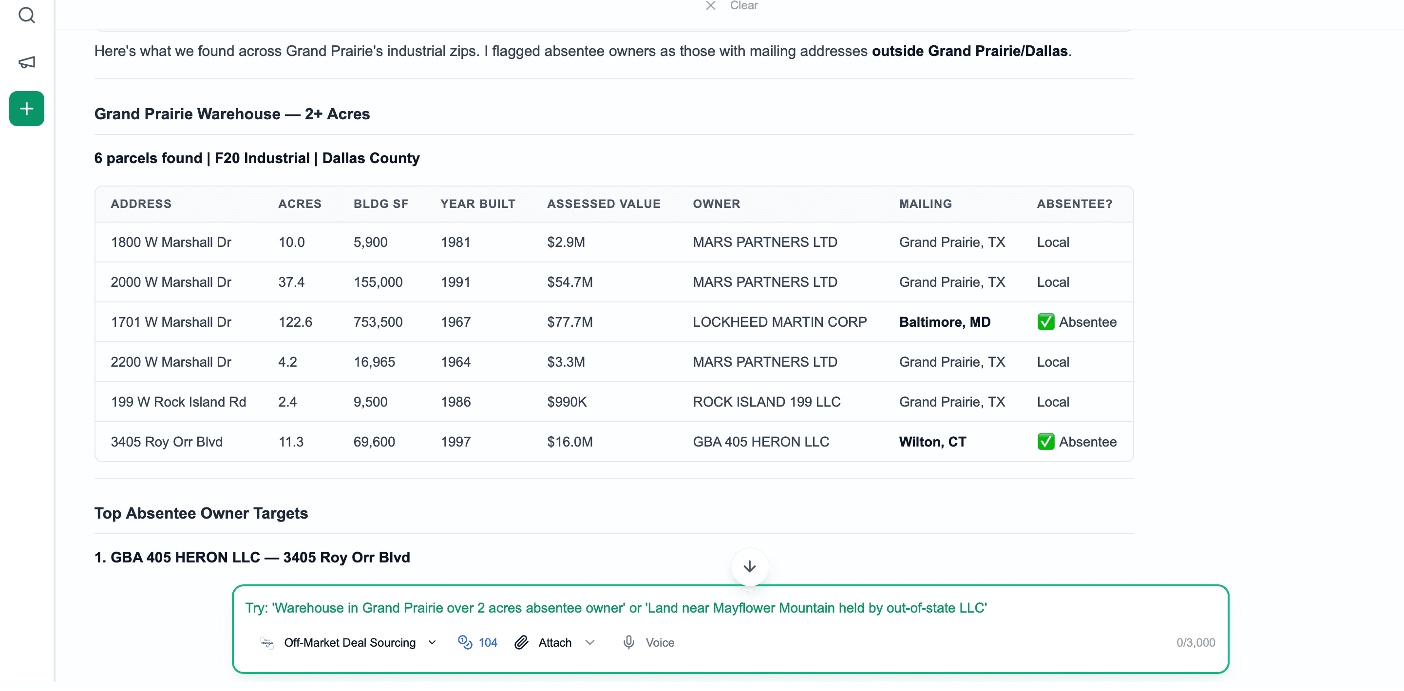 Off-market sourcing results across 16M+ parcels