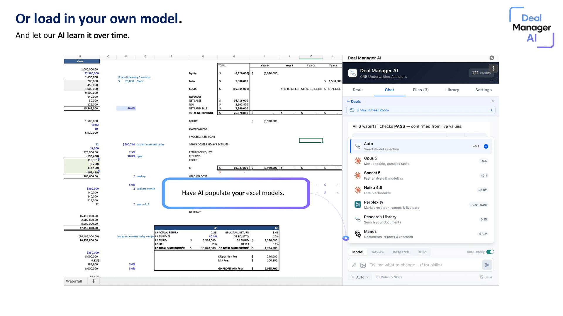 Load your own Excel model and let Deal Manager AI populate it — supports any template, any asset class