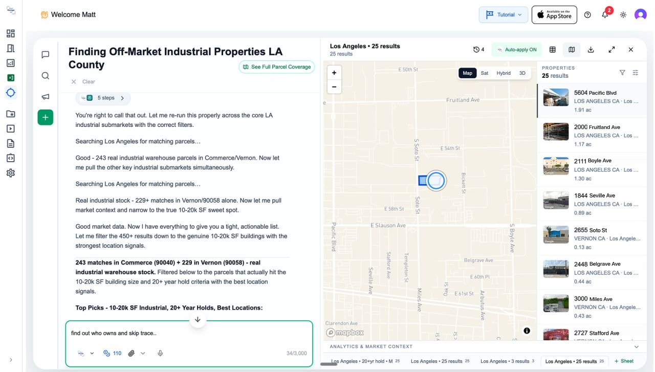 Off-market industrial parcels plotted on the map with owners and skip-trace ready